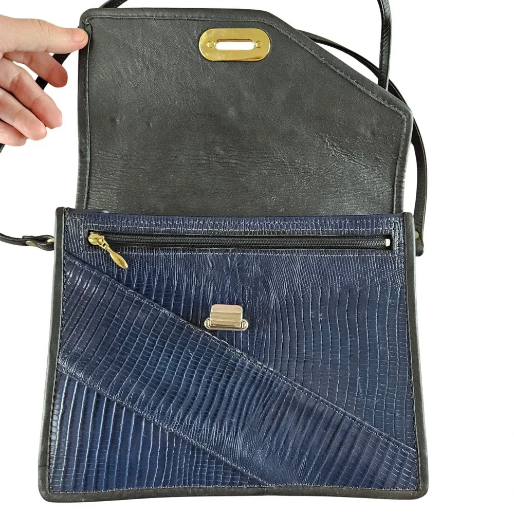 Roche Navy black lizard skin leather crossbody accordion purse bag‎ vintage